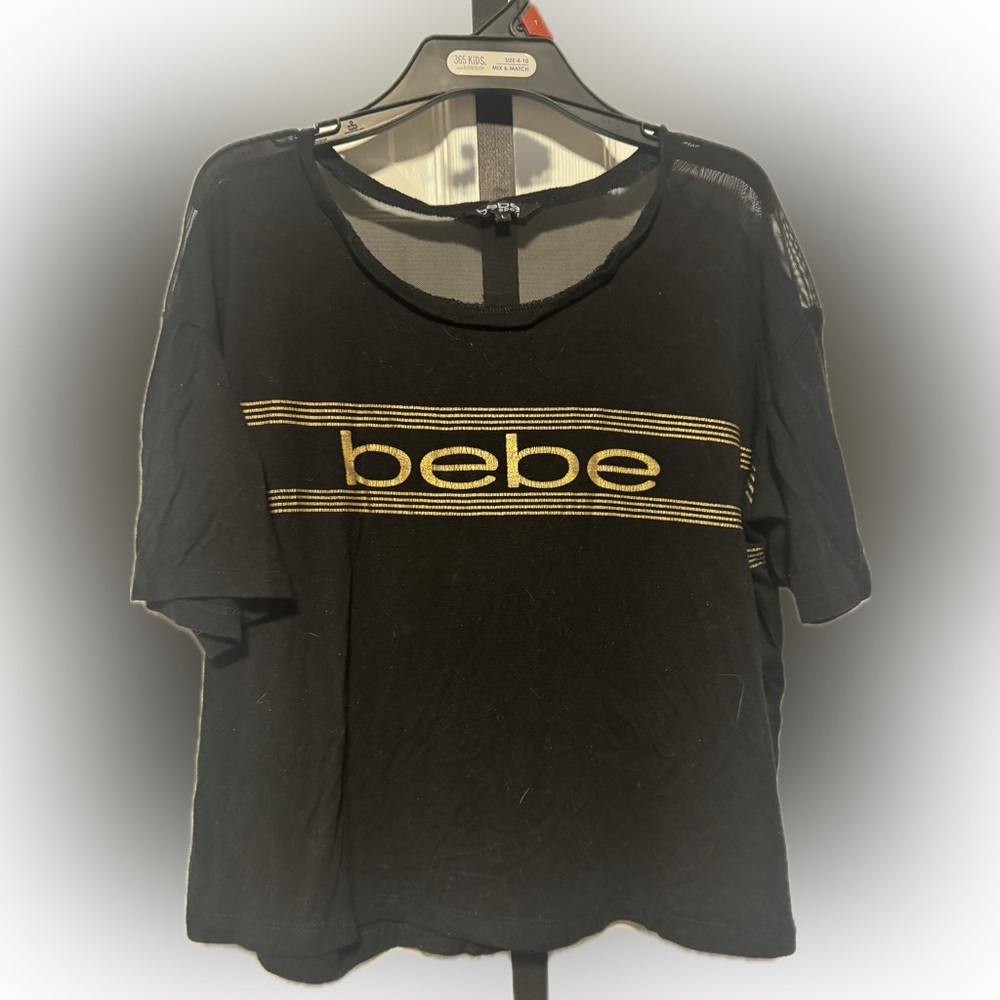bebe Sport Black Mesh Panel Logo Tee Women’s